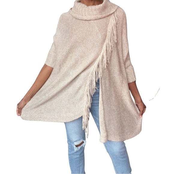NINE WEST JEANS BEIGE COWL NECK FRINGE SWEATER WITH A SPLIT IN THE FRONT & BACK - Picture 2 of 5